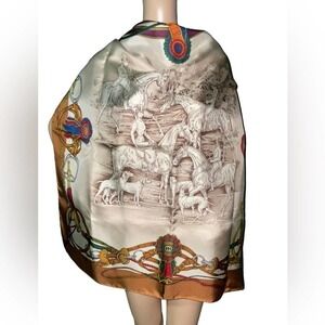 Gucci Vintage 100% Silk Scarf Horses Red Logo Gucci Trophy.  (33"x34")